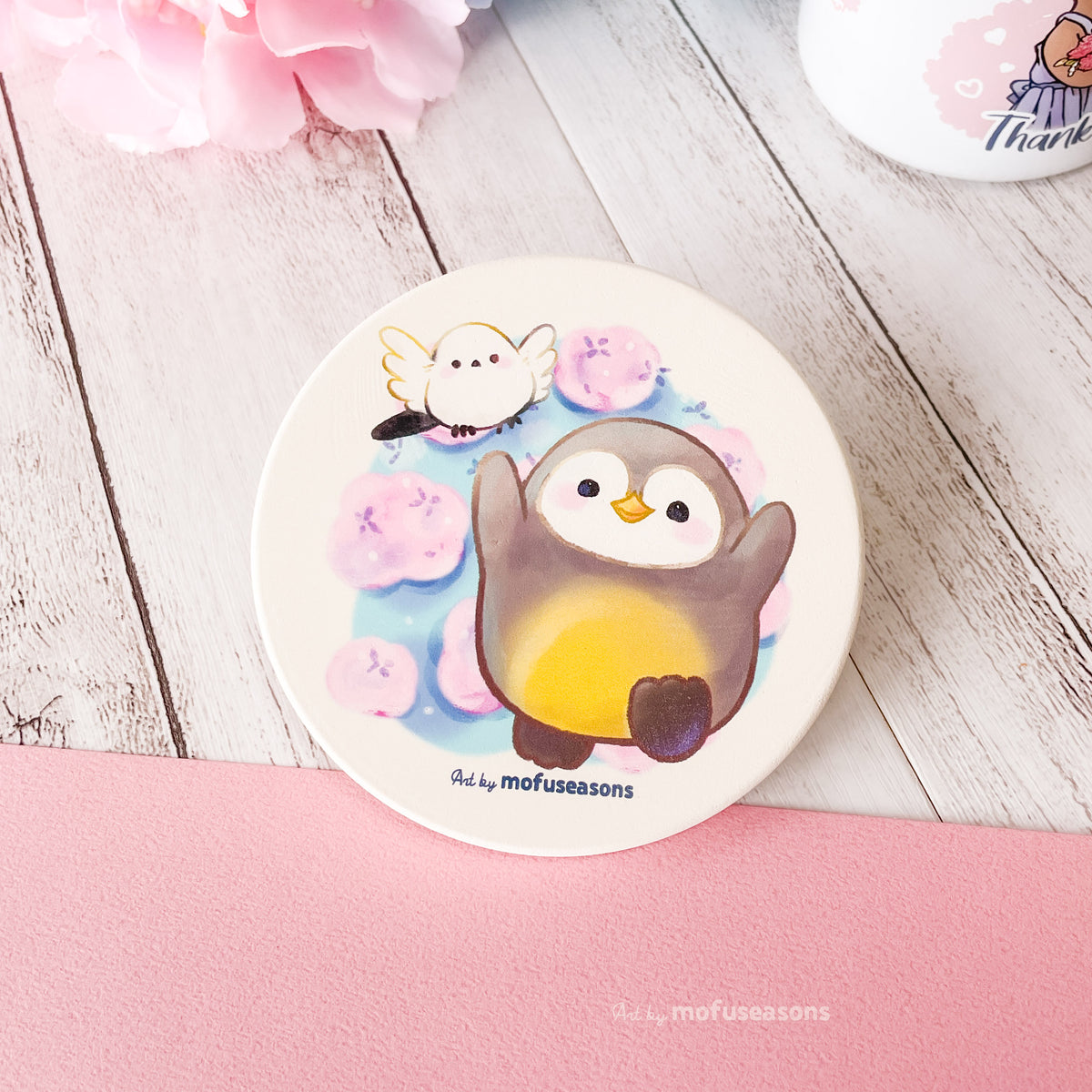 Hydrangeas Field: Penguin & Shimaenaga Ceramic Coaster – mofuseasons